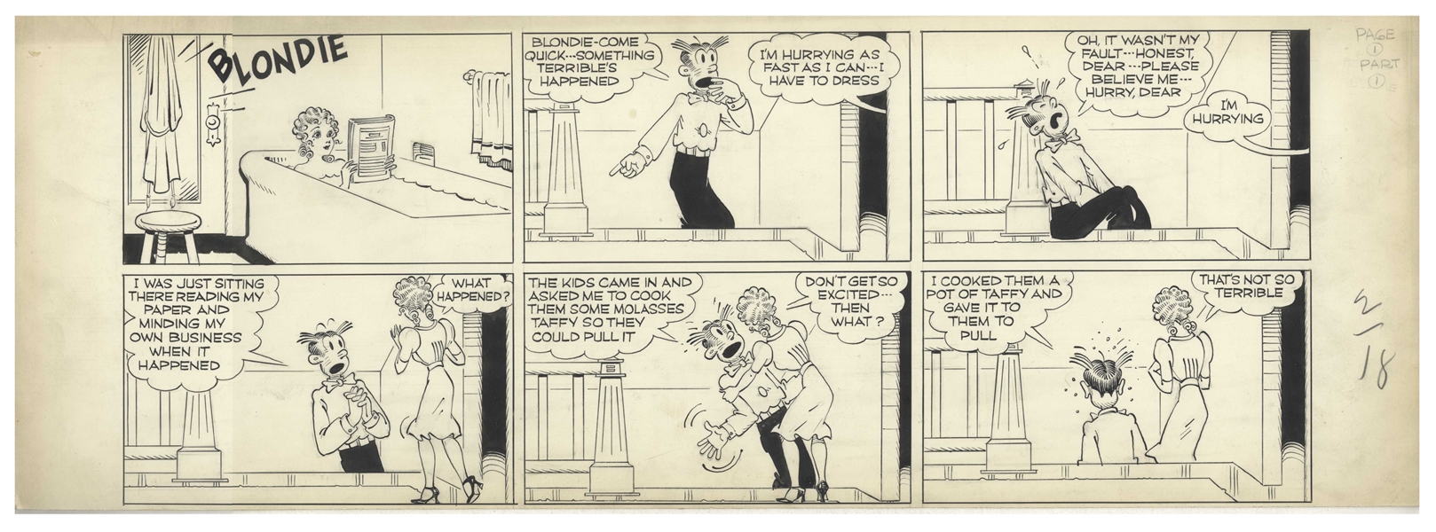 Chic Young Hand-Drawn ''Blondie'' Sunday Comic Strip From 1940 -- Featuring Blondie, Dagwood & Baby Dumpling